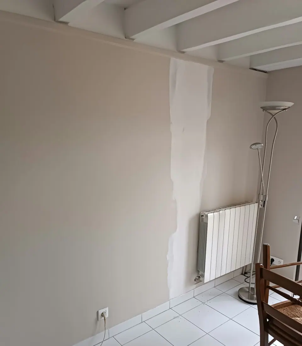 Mur en cours de finition, enduit et peinture